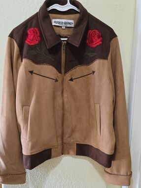 Rodeo Quincy Women's Tan & Brown Suede Jacket with Rose Embroidery